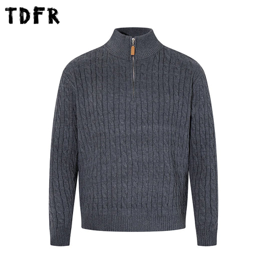 Retro Stand Collar Half Zipper Sweater Mens Solid Color Autumn Winter Casual Knitted Long Sleeve Loose Pullover Man