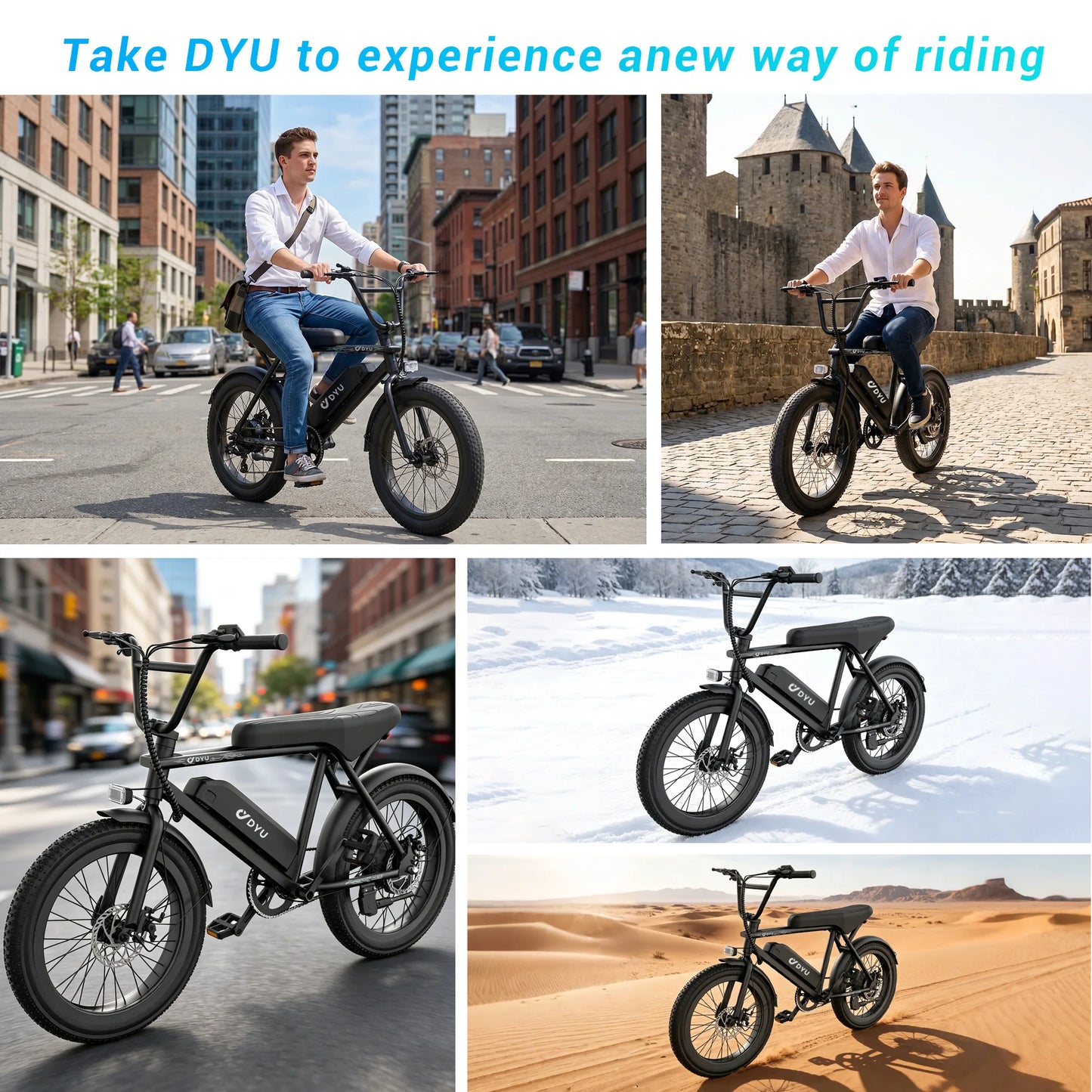 DYU BMX Electric Bike 20*3.0 Fat Tire E-Bike 48V 13Ah Removable Battery 1000W Peak Motor City Electric Bicycle for Adults