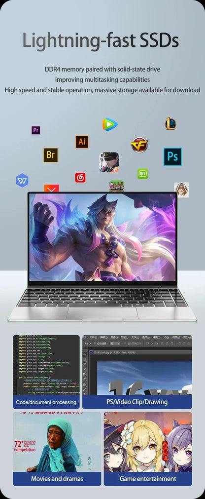 Ultra Slim Laptop 14 Inch Notebook - 16GB RAM, 2TB SSD, Intel Pentium N3700, Windows 11 Pro
