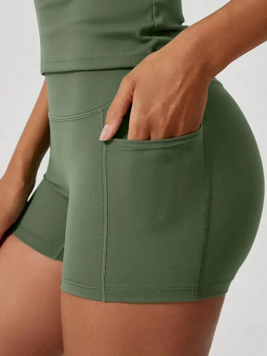 Women's Sweet Sports Short Sleeve High Waist Tummy Control Butt Lifting Shorts Set