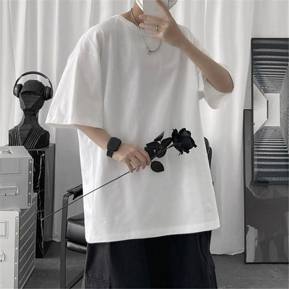 Cotton Summer Fashion Men's T Shirt Casual Solid Short Sleeve Classical Tee Mens 100% Cotton Korean Hip-Hop Top Tees Black White