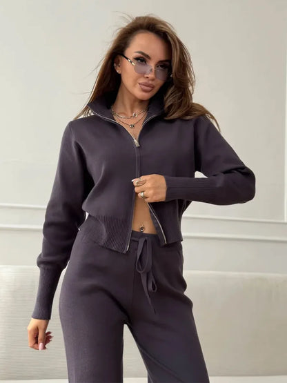 Wolfeel  New Autumn Winter Zip Up Knit Pants Set Women's Trendy Slim Fit Cardigan Pants Chic Commuting Sweater Outfit
