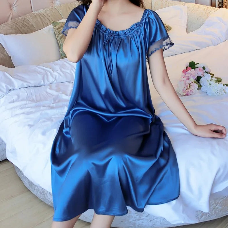 Ice Silk Lace Long Sleepwear V-neck Sleepwear Set Nightdress Homewear Nightwear Pyjamas Female  Nightgown Loose Plus Size