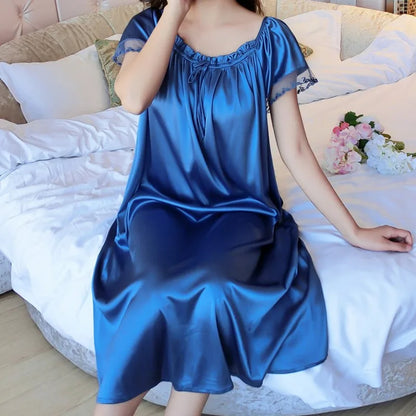 Ice Silk Lace Long Sleepwear V-neck Sleepwear Set Nightdress Homewear Nightwear Pyjamas Female  Nightgown Loose Plus Size