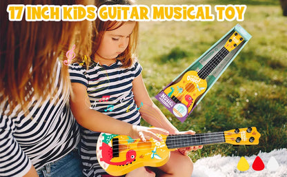 17 Inch Mini Kids Classical Guitar 4-String Ukulele - Dinosaur Design, Christmas Birthday Gift, Musical Toy for Beginners, Party
