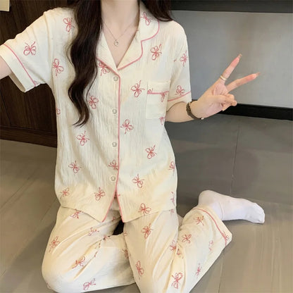 French-Style Sweet Bow Pajamas for Women: Summer Short-Sleeve Long-Pants Set with Cloud-Print, Soft and Cozy Cotton Loungewear