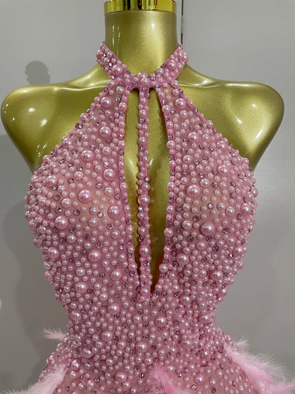 Backless Halter Dress - Women's Party Mini Sheath With Rhinestone & Feather Details