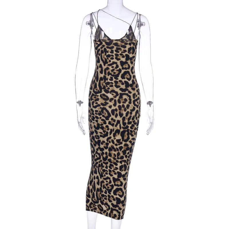 Leopard Sleeveless Dress - Slim Fit High Waist Spaghetti Strap Summer Party Gown