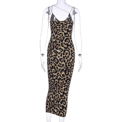 Leopard Sleeveless Dress - Slim Fit High Waist Spaghetti Strap Summer Party Gown