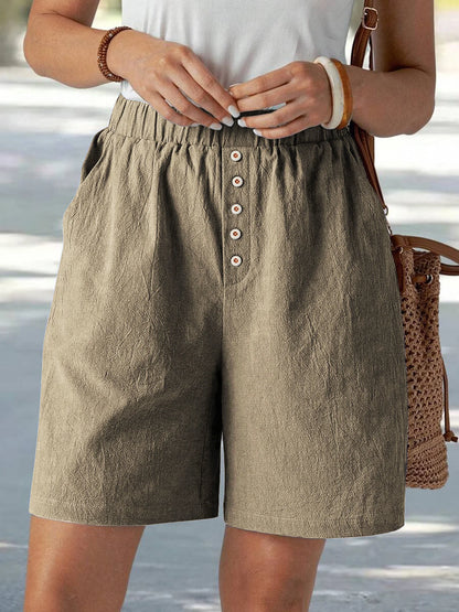 Summer Ladies Casual Loose Pocket Buttoned Linen Shorts Comfortable Breathable Loose Fit Short Pants for Women