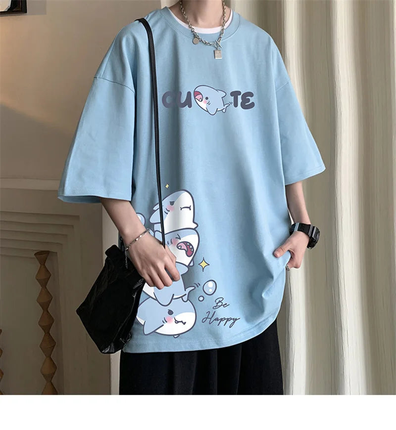 Men's Cotton T-shirts White Men Oversized T Shirt Anime Shark Print Summer Casual Wear 5XL Tee Shirts Big Size Male Clothes