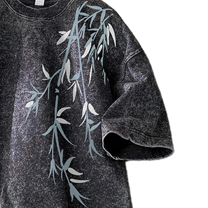 Acid Washed T-Shirt - Men's Streetwear Tee With Bamboo Leaf Print | Oversized Loose Fit