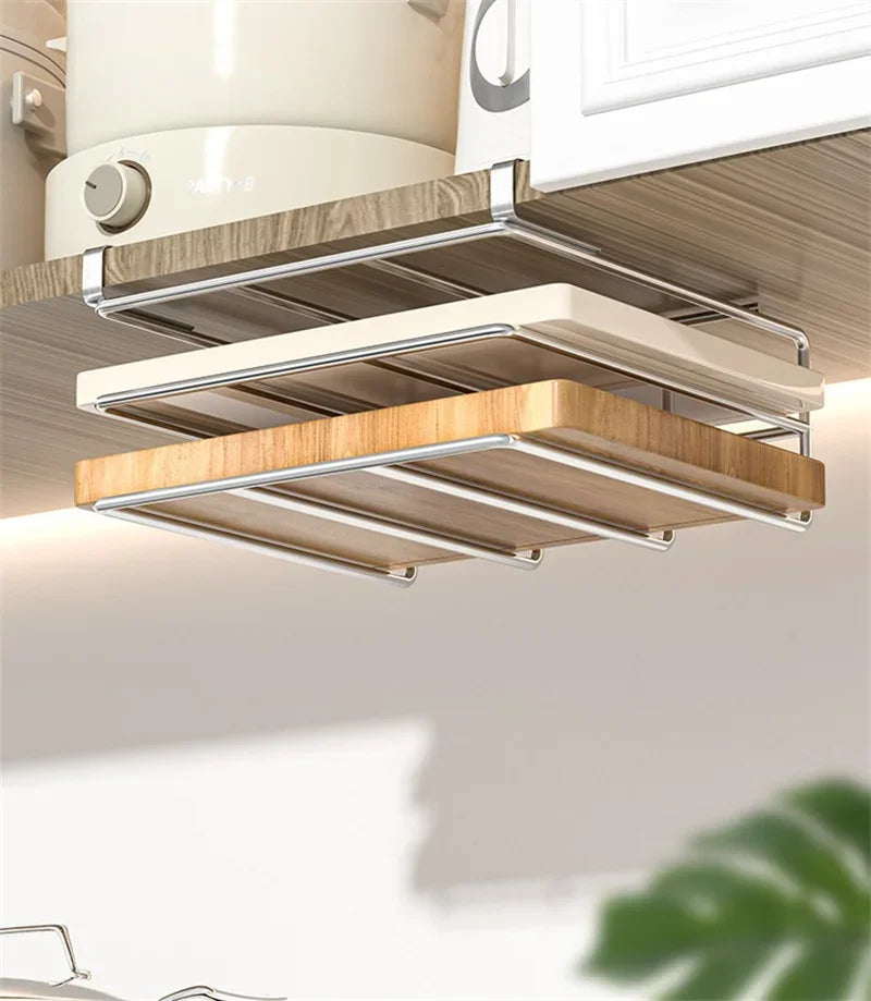 Kitchen Organizer Rack - Stainless Steel Hanging Kitchen Rack with Hooks for Cutting Board, Paper Towel & Pot Lid Storage