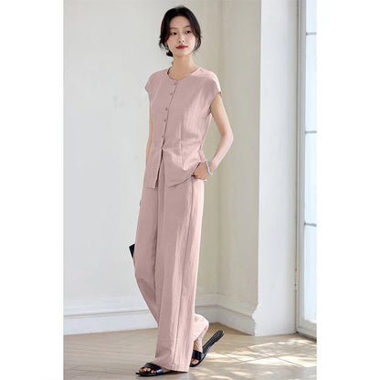 SENTUBILA Women's Linen Trouser Suit Summer Two Pieces Matching Set Women Button Shirt Straight Pant Sets 2026 Outfits 152ZA0094