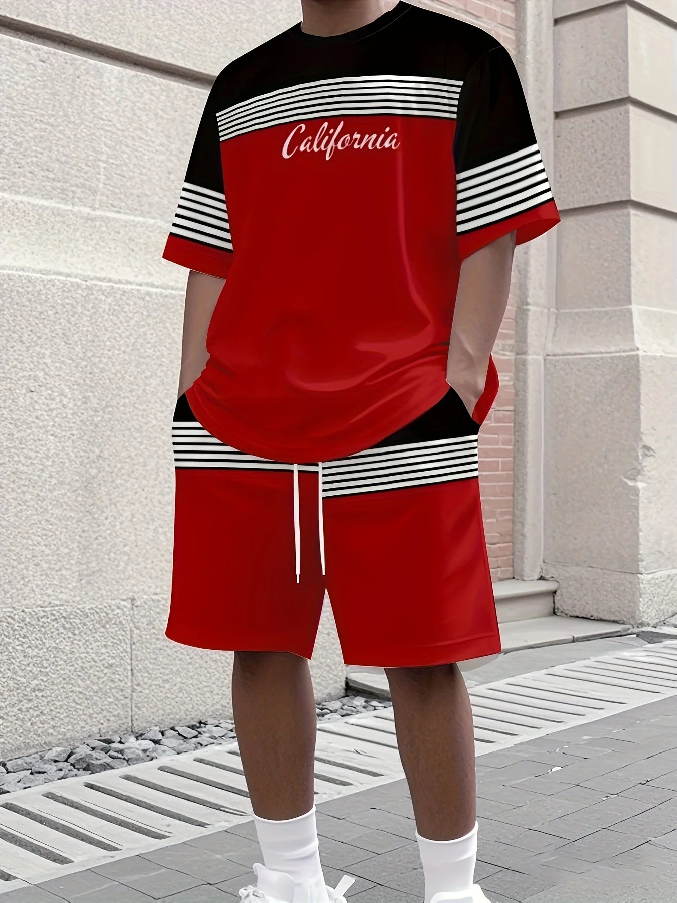 Men's summer breathable and comfortable round neck T-shirt top shorts set with striped pattern print outdoor two-piece set
