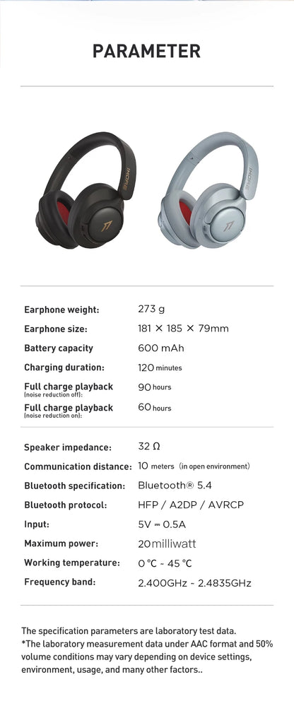 1MORE SonoFlow S Active Noise Canceling Wireless Headphones 42dB ANC Bluetooth Headsets Hi-Res Audio  90H Playtime