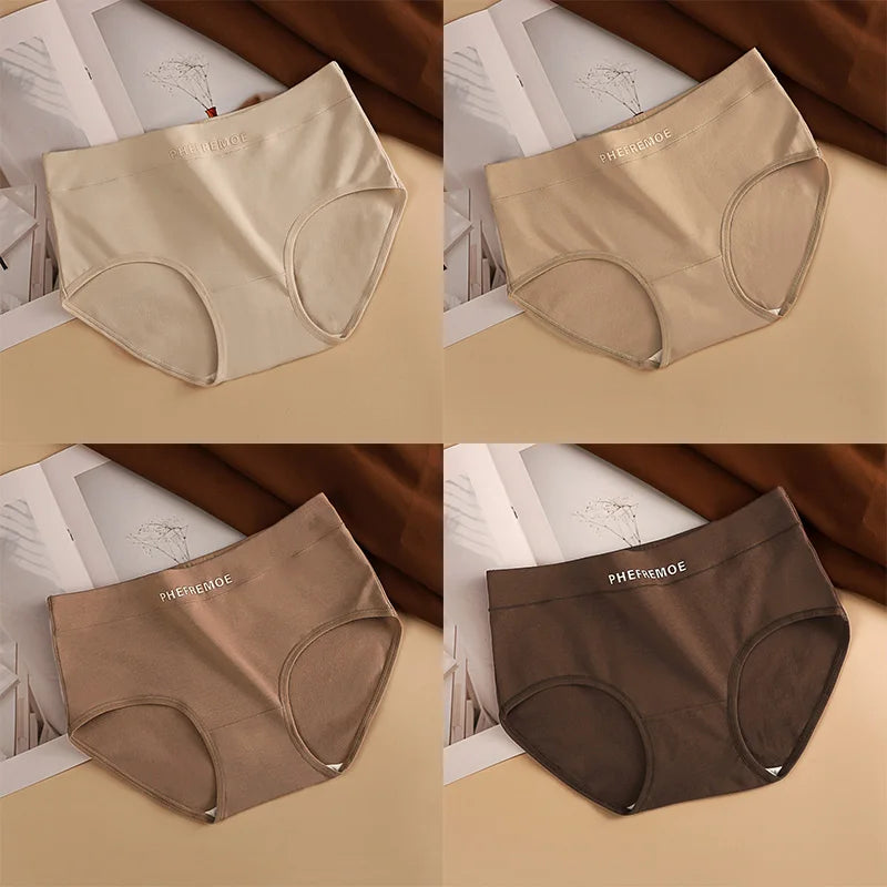 4PCS Women Cotton Mid-Rise Panties Soft Breathable Solid Color Briefs Daily Underwear