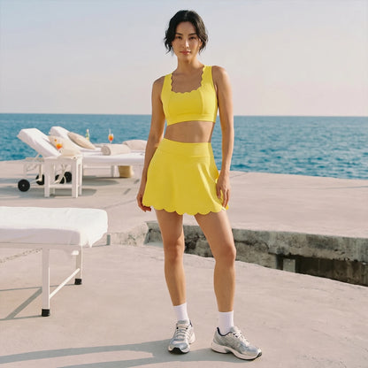 Women Yoga Set 2 Piece Cross Back Sports Bra with Pads High Waist Tennis Skirt Breathable Summer Running Pilates Gym Wear tops