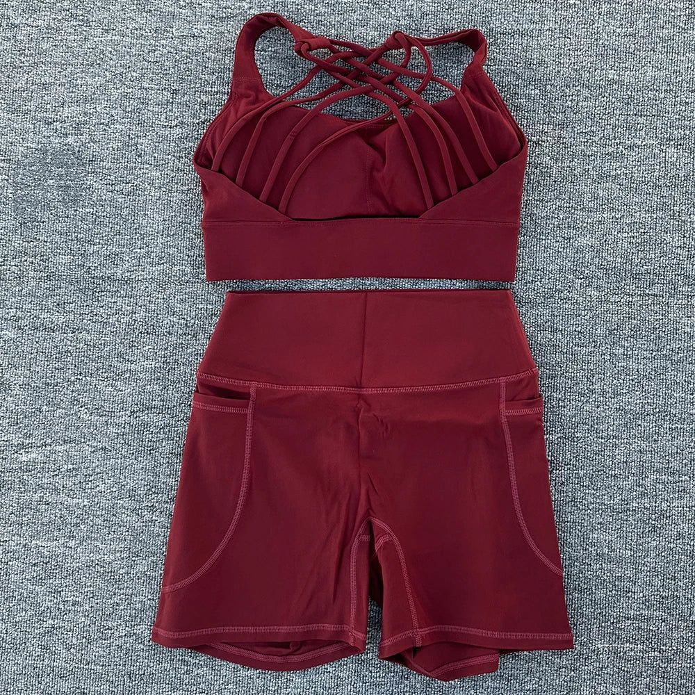 2 PCS Women's Nylon Yoga Set Sexy Sport Bra High Waist Sports Shorts Gym Fitness Sleeveless Workout Suit Sporstwear