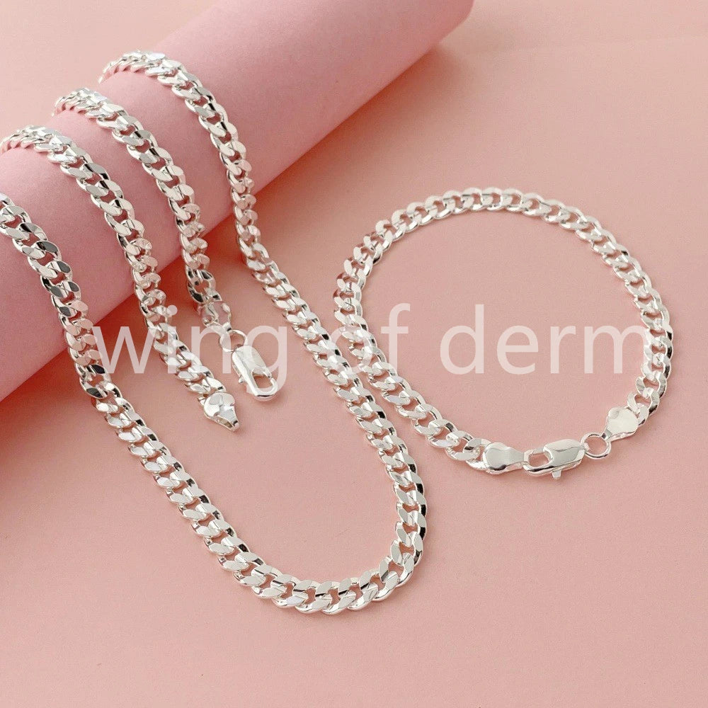 50-60cm 925 Sterling Silver 7mm Men's Cuban Sideways Necklace Bracelet Set Luxury Quality Jewelry Accessories
