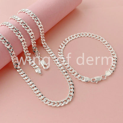 50-60cm 925 Sterling Silver 7mm Men's Cuban Sideways Necklace Bracelet Set Luxury Quality Jewelry Accessories