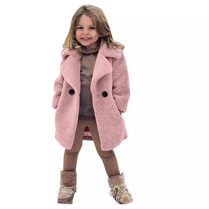 Lamb Fleece Girls Jacket Autumn Winter New Girls Long Style Solid Color Thick Warm Lapel Windbreaker For 2-6Y Girls Overcoat