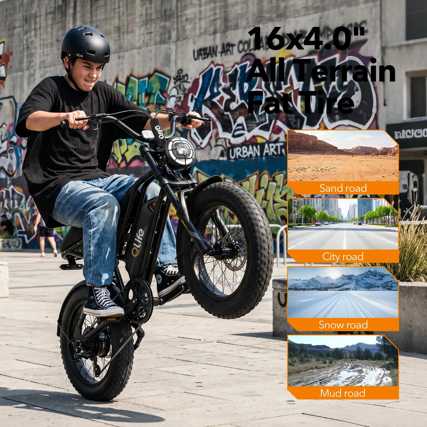 Qlife Spark D1 Electric Bike for Adults, 1500W Peak Motor 48V 10.4 Ah, 16" Fat Tires Electric Mountain Bike, 28 MPH 50Mi Range Off-Road Ebike with Full Suspension