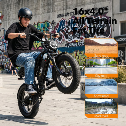 Qlife Spark D1 Electric Bike for Adults, 1500W Peak Motor 48V 10.4 Ah, 16" Fat Tires Electric Mountain Bike, 28 MPH 50Mi Range Off-Road Ebike with Full Suspension