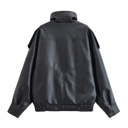 Women Autumn Jackets – Black Zipper Jacket With Asymmetric Button & Turtleneck Collar