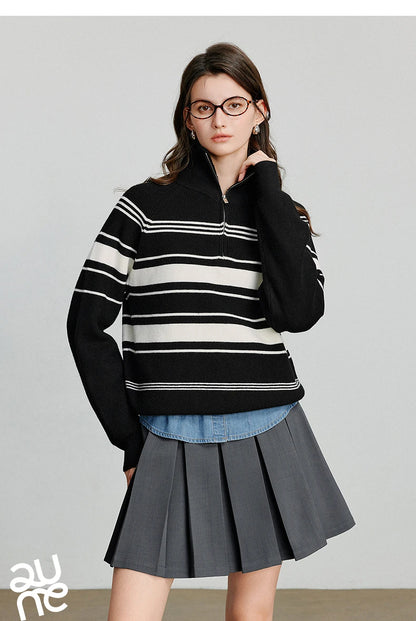 TOYOUTH Women Knitted Sweater 2026 Autumn New Fashionable Style Striped Zipper High Collar Woolen Pullover Sweater Tops