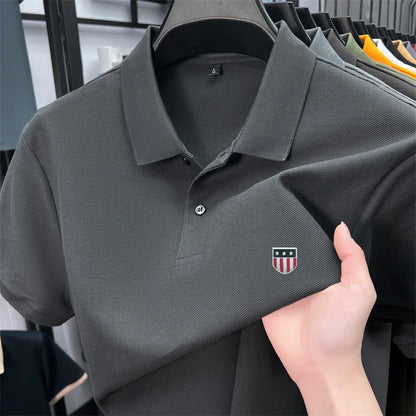 Men's Summer Luxury 100% Cotton Polo Shirt, Lapel Print Short Sleeve T-shirt, Breathable Business Casual Menswear