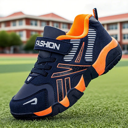 Boys Leather Sneakers - Kids Running Shoes With Rubber Outsole & Hook And Loop Closure