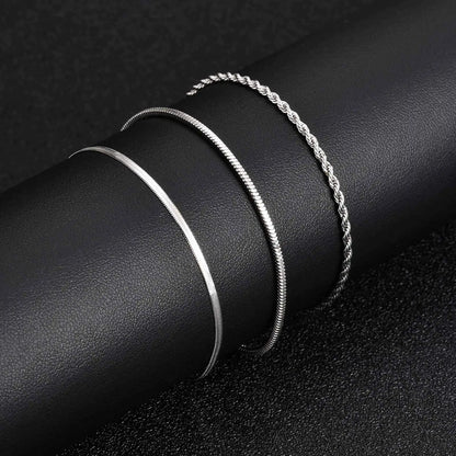 3pcs Men Thin Chain Bracelet,Never Fade Silver Color Twist Chain Wristband,Stylish Punk Jewelry Gift for Husband Father Son