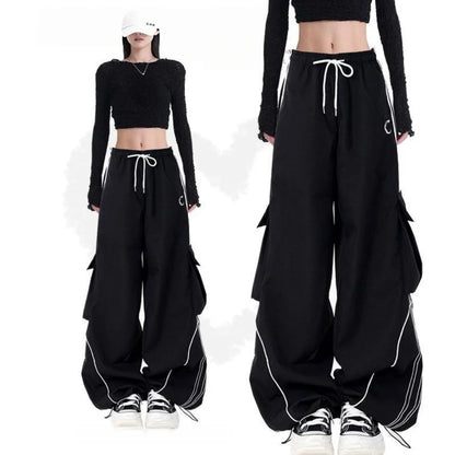 Y2K Black Striped Women Cargo Pants Korean Fashion Wide Leg Baggy Trousers Streetwear Autunm Harajuku Hip Hop Oversized Loose