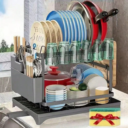 Stozle Double-Layer Dish Drying Rack For Kitchen Countertops, With Drainer Tray, Dish Drying Rack, Kitchen Organization And Stor