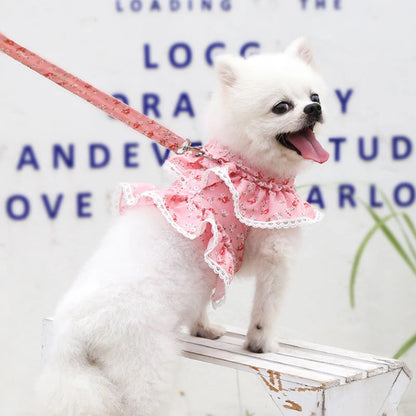 Lace Floral Dog Cat Harness Leash Set For Small Dogs Dress Cute Adjustable Pet Harness Vest Breathable Mesh Running Walking Lead