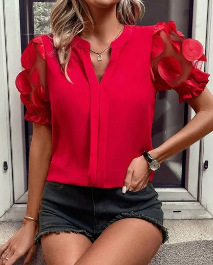 Women's Sexy V-Neck Puff Sleeve Blouse  Semi-Sheer Mesh Panels Short Sleeve Summer Top  Solid Red Machine Washable for Spring