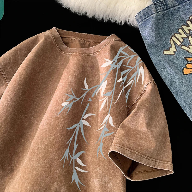 Acid Washed T-Shirt - Men's Streetwear Tee With Bamboo Leaf Print | Oversized Loose Fit