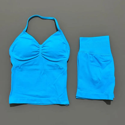 2Pcs HISTELLO Yoga Set Women Halter Tank Top Scrunch Butt Lifting Shorts Ruched Anti Chafe Quick Dry Gym Workout Sports Set