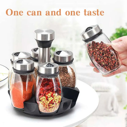 Rotating Spice Jar Set - Glass Seasoning Organizer with Rack for Kitchen Storage