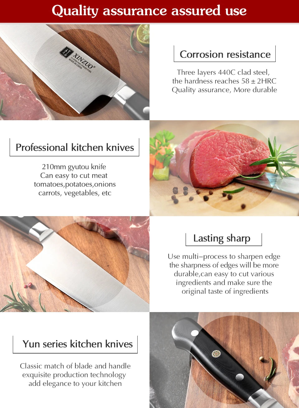 XINZUO 210mm Chef Knife - 3 Layer 440C Core Clad Steel Gyutou with G10 Handle