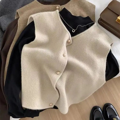 Crew Neck Women's Korean Solid Button Short Sleeve Cardigan Coats Sweater Knitted Sleeveless Ladies Elegant Tanks Bottoming