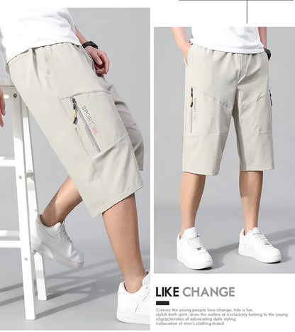 Mens Cargo Shorts - Knee Length Cotton Shorts With Zipper Pockets & Elastic Waist