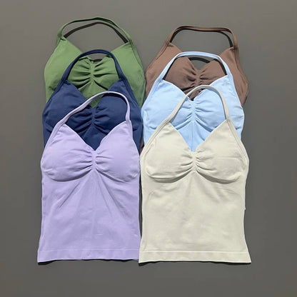 Women Yoga Vest - Longline Strappy Top | Breathable Fitness Tank Top Open Back Halter