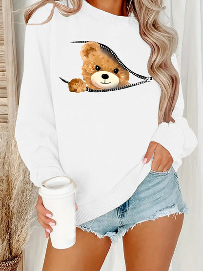 Women's Autumn and Winter Loose Casual Cartoon Zipper Bear Pattern Printed Velvet Long-Sleeved Round Neck Sweatshirt Pullover