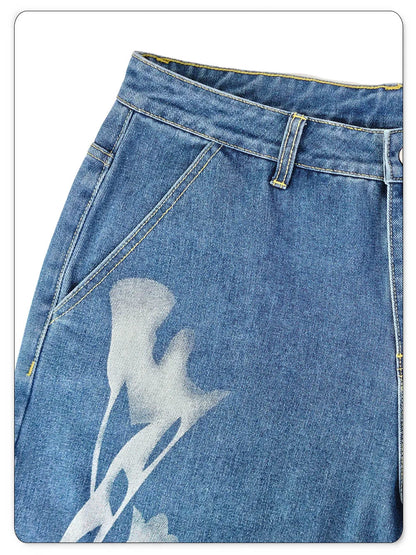 LIYS Men's American High Street Flame Printed Jeans Retro Fashion Loose Wide Leg Hairy Straight Leg Floor Pants Trendy Brand Y2K