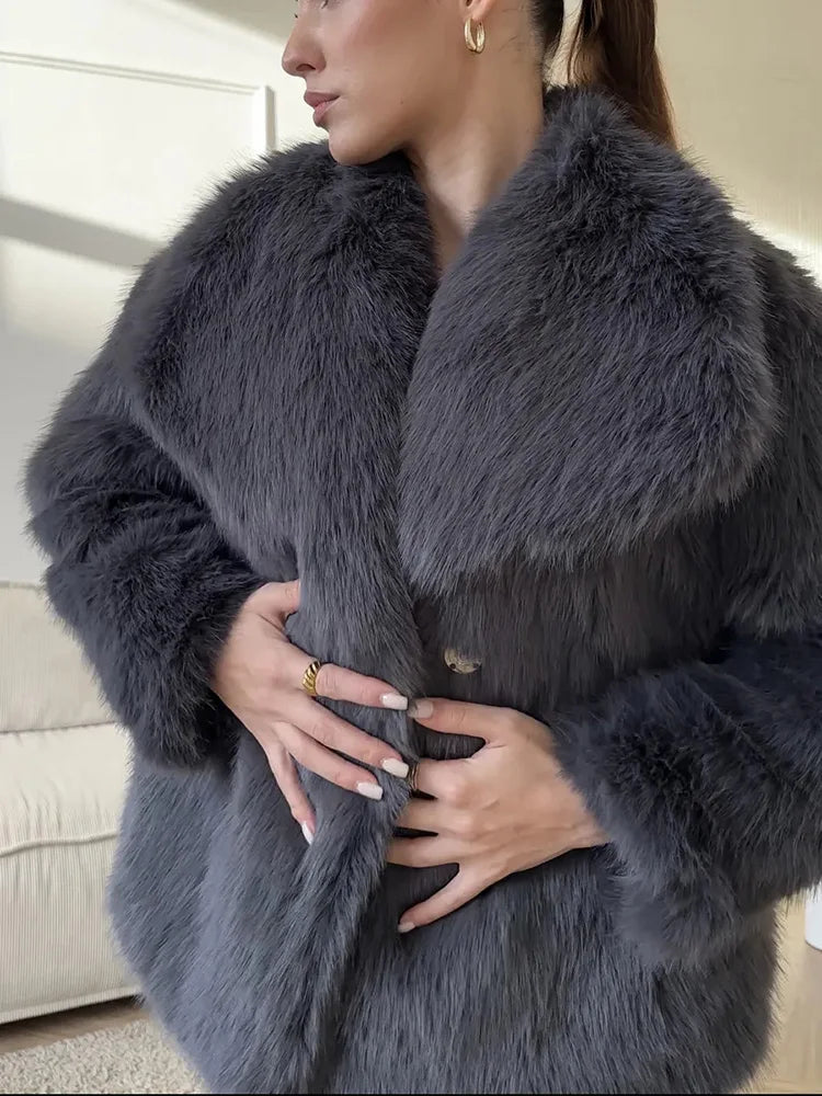 Faux Fur Women's Coat – Luxury Cropped Fluffy Jacket With Lapel Collar