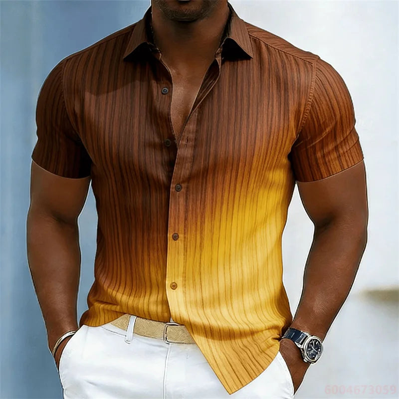 Men's color-blocked abstract striped short-sleeved shirt, summer fashion casual men's shirt, Hawaiian shirt, sizes XS-6XL.