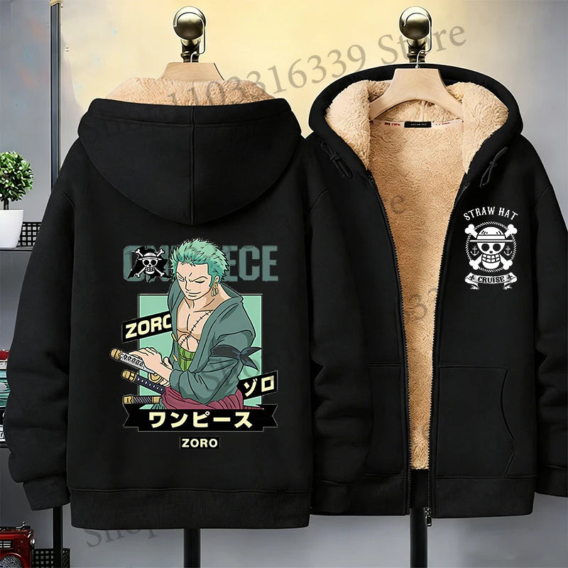 One Piece Man Thick Hooded Jacket Woman Winter Keep Warm Coat Anime Luffy Print Fleece Jacket Thermal Long Sleeve Hooded Clothes