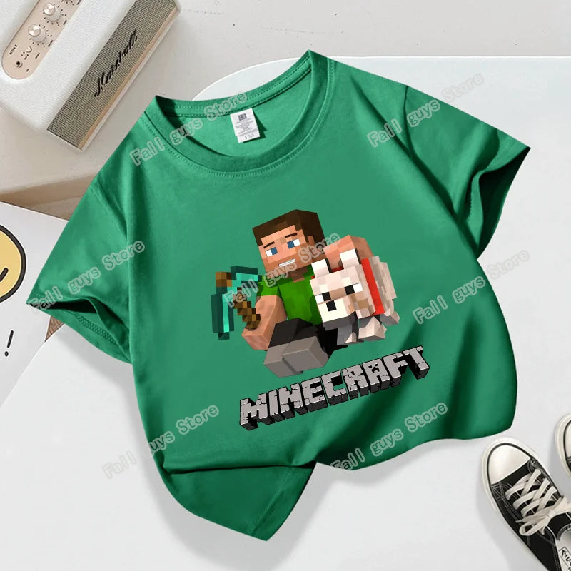 Miner Crafting Pixel Series Child T-Shirt Summer Kids Short Sleeve Tops Hot Game Boys Girls Clothing Cartoon Print Birthday Gift